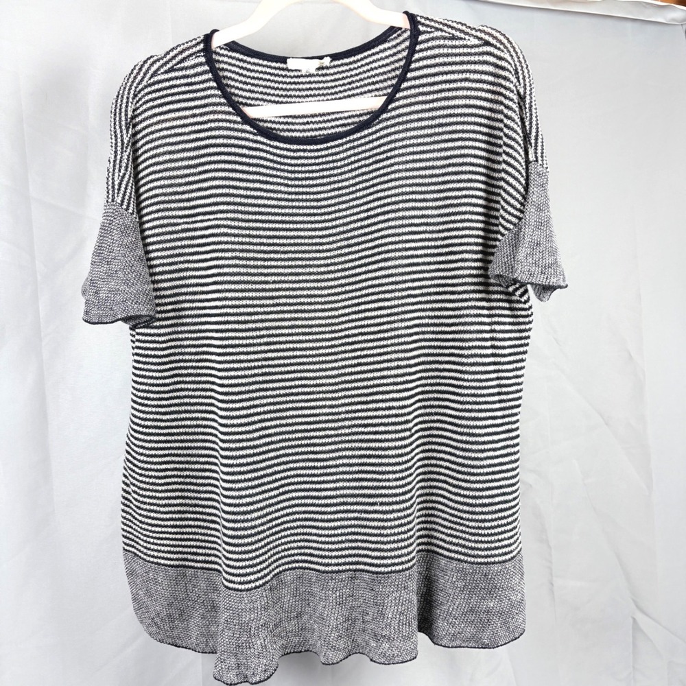 Eileen Fisher Organic Linen Striped Boxy Knit Top Black White Large Capsule